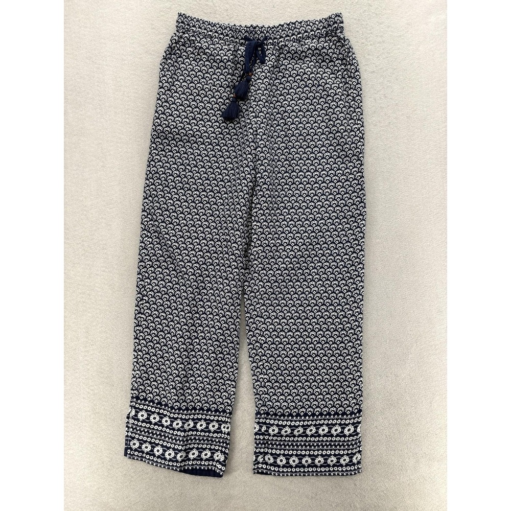 Talbots Geometric Crop Pants Womens Small Blue Cotton Tassel Drawstring Relaxed